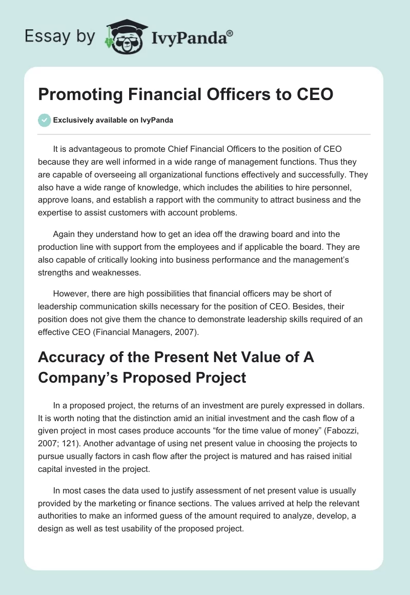 Promoting Financial Officers to CEO. Page 1