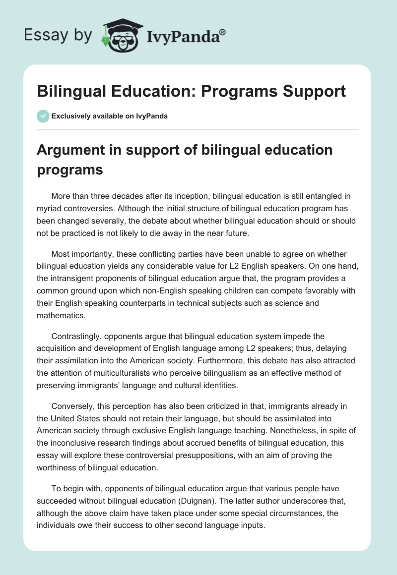 Bilingual Education: Programs Support. Page 1