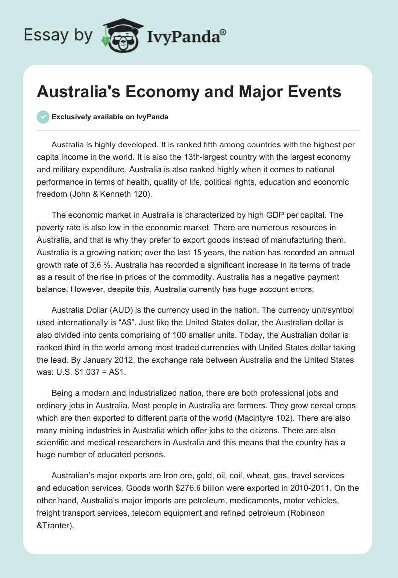 Australia's Economy and Major Events. Page 1