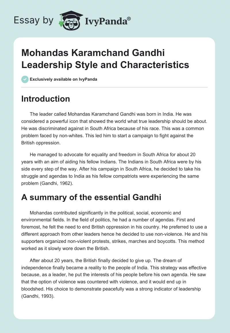 Mohandas Karamchand Gandhi Leadership Style and Characteristics. Page 1
