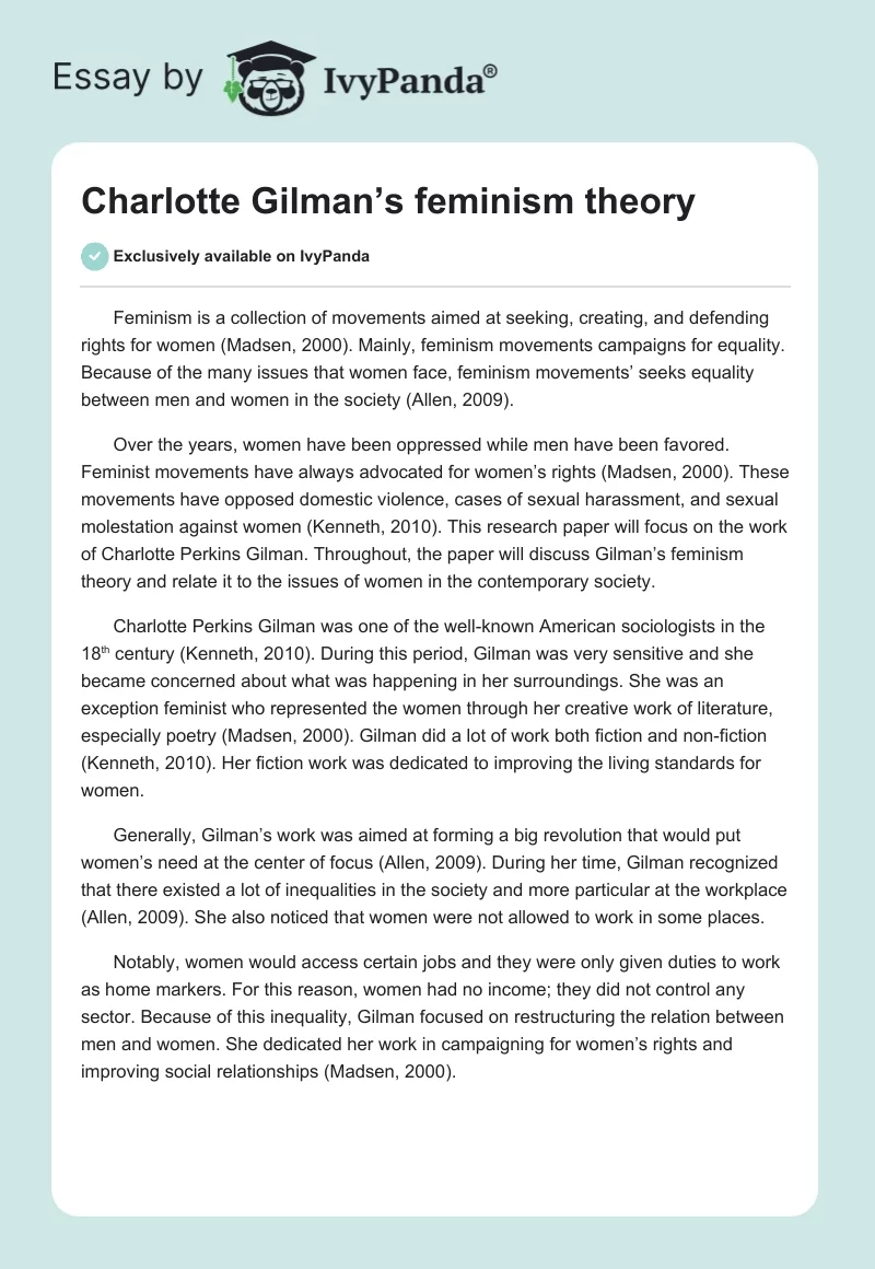 Charlotte Gilman’s feminism theory. Page 1