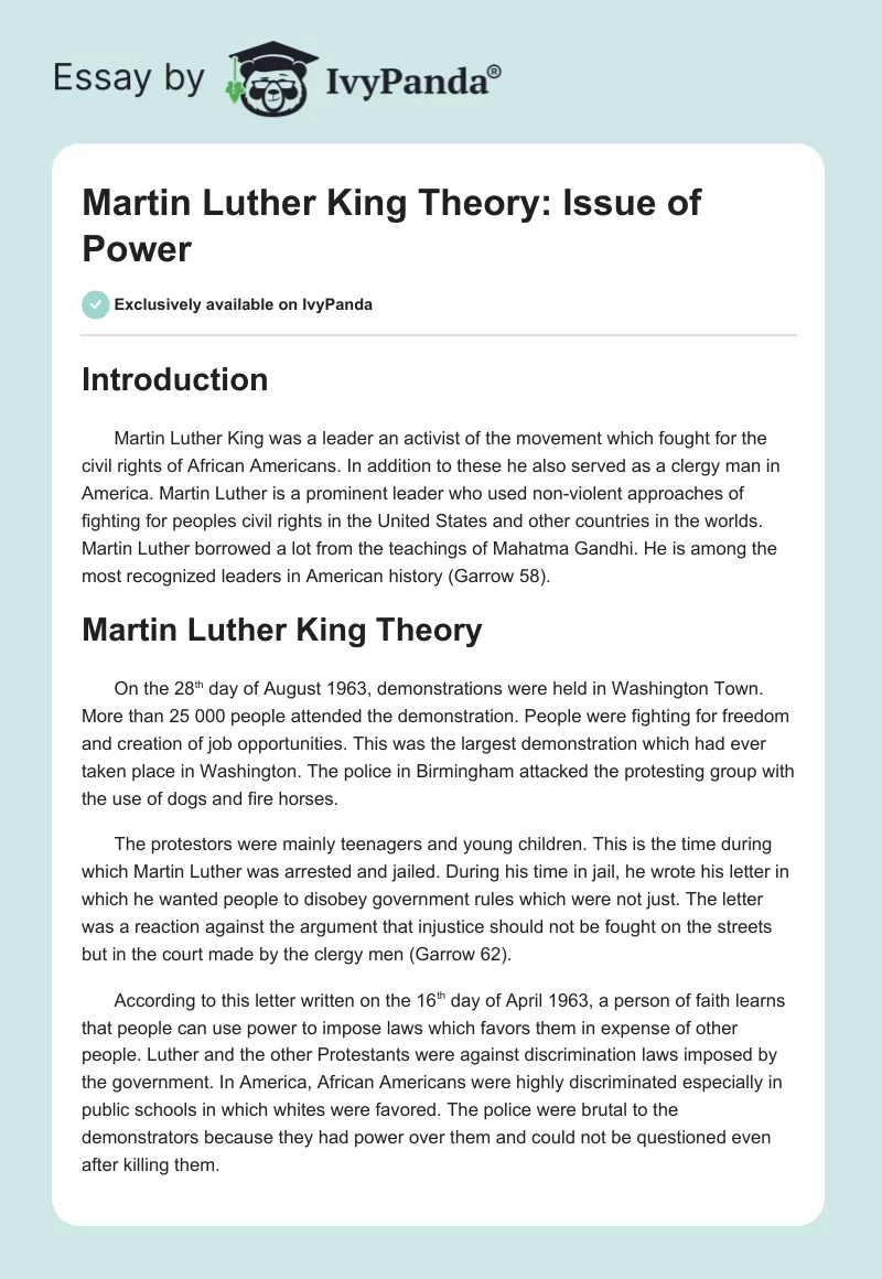 Martin Luther King Theory: Issue of Power. Page 1