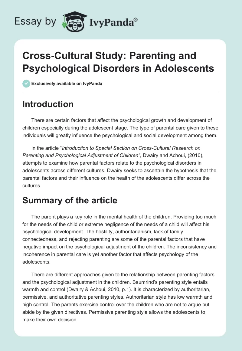 Cross-Cultural Study: Parenting and Psychological Disorders in Adolescents. Page 1