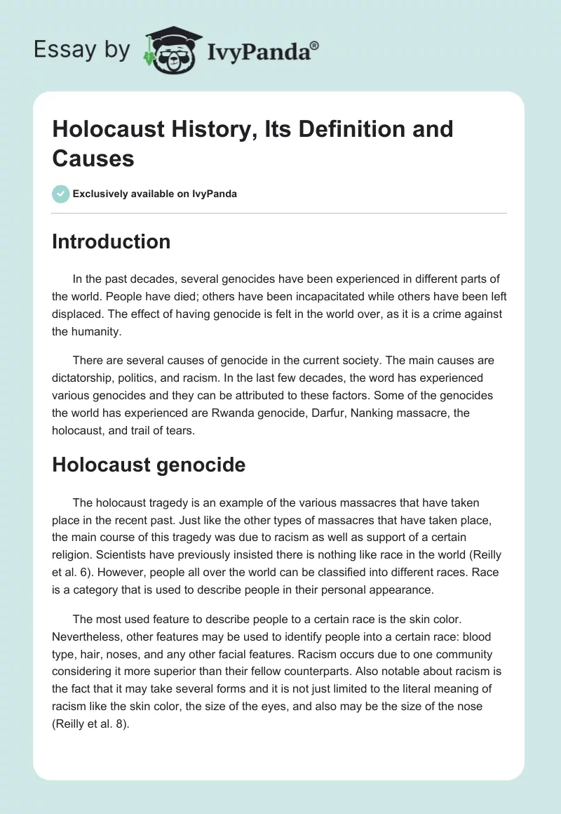 Holocaust History, Its Definition and Causes. Page 1