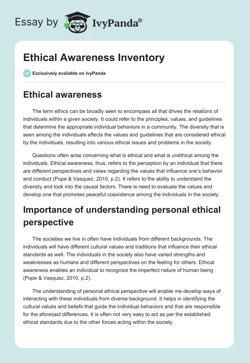 Ethical Awareness Inventory. Page 1
