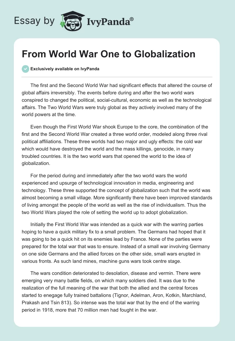 From World War One to Globalization. Page 1