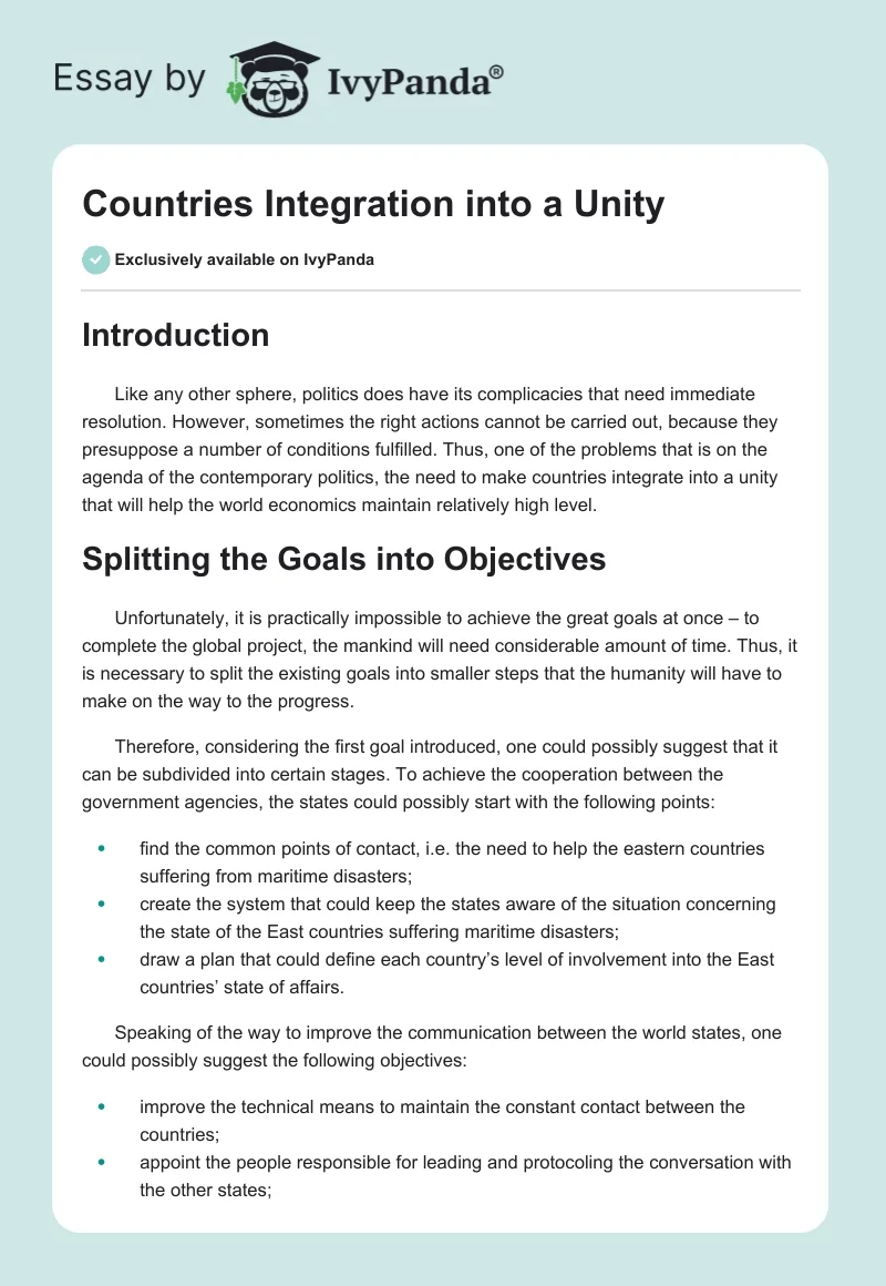 Countries Integration into a Unity. Page 1
