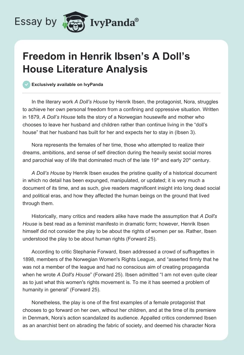 Freedom in Henrik Ibsen’s "A Doll’s House" Literature Analysis. Page 1