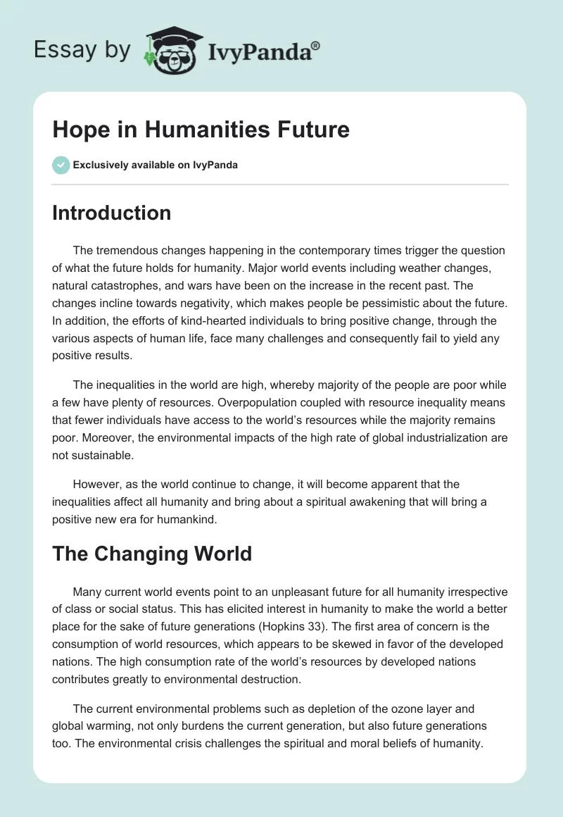 Hope in Humanities Future. Page 1