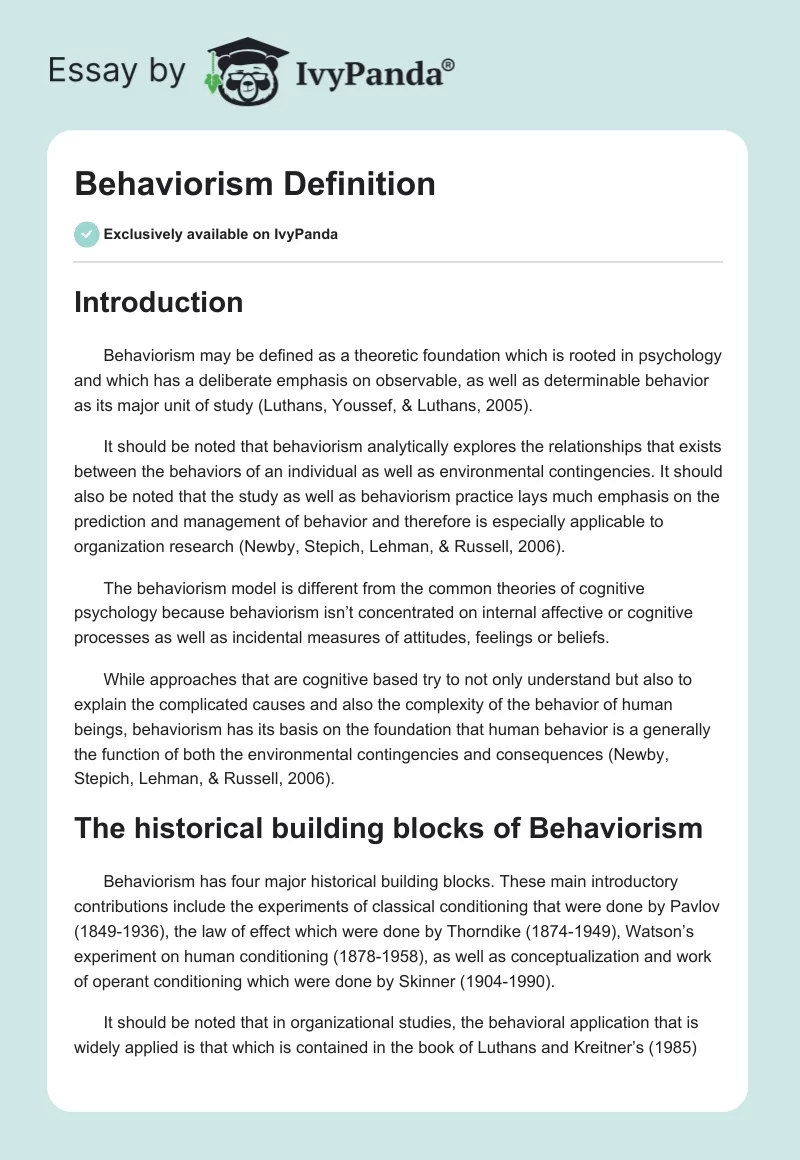 Behaviorism Definition. Page 1