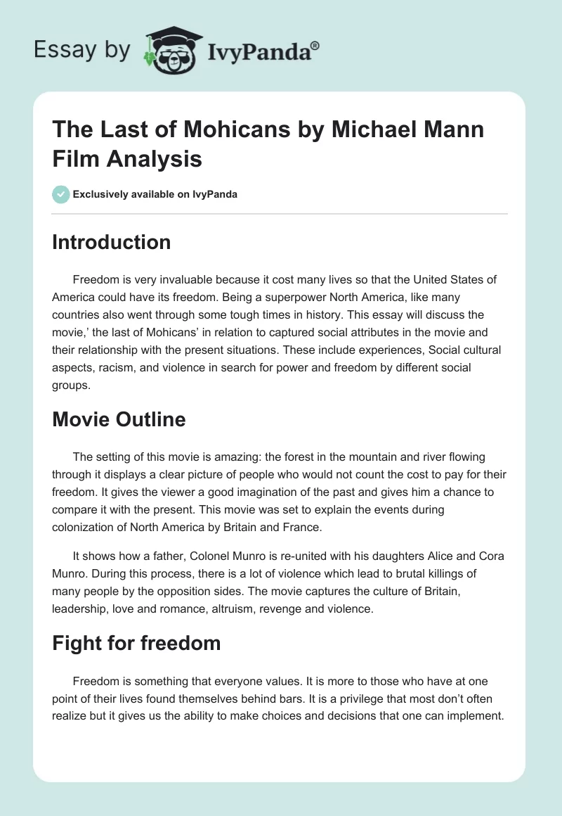 "The Last of Mohicans" by Michael Mann Film Analysis. Page 1