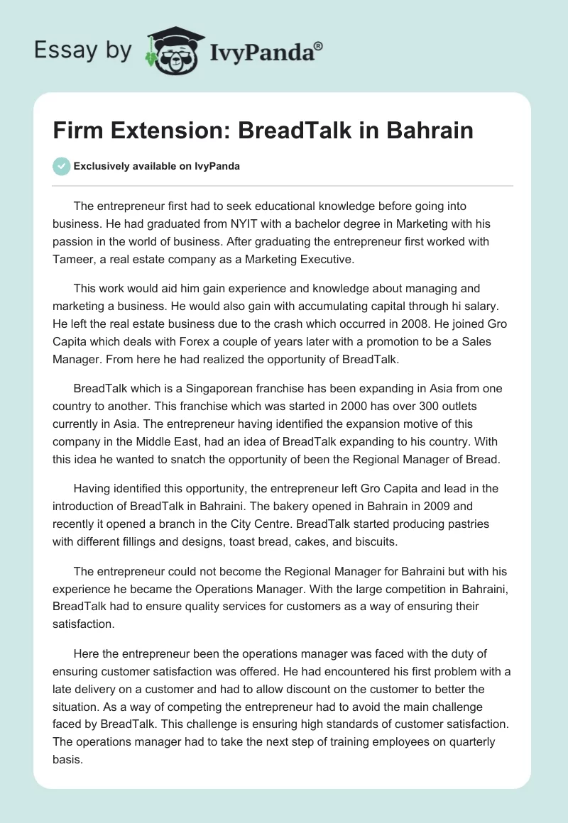 Firm Extension: BreadTalk in Bahrain. Page 1