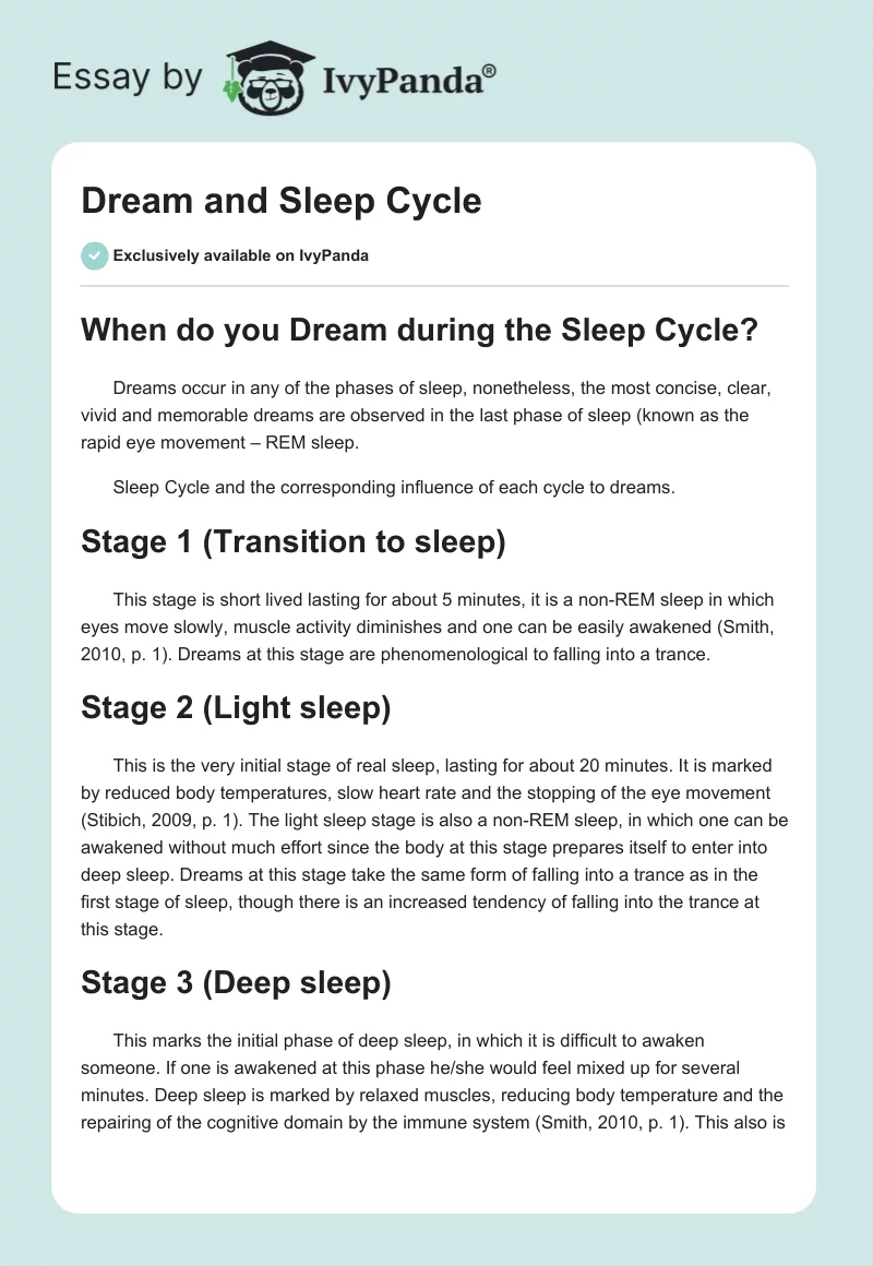 Dream and Sleep Cycle - 595 Words | Essay Example