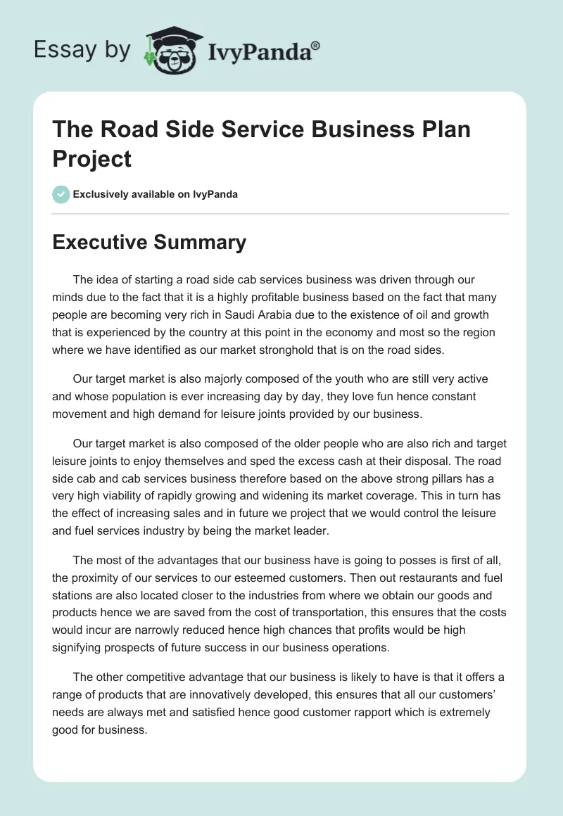 The Road Side Service Business Plan Project. Page 1