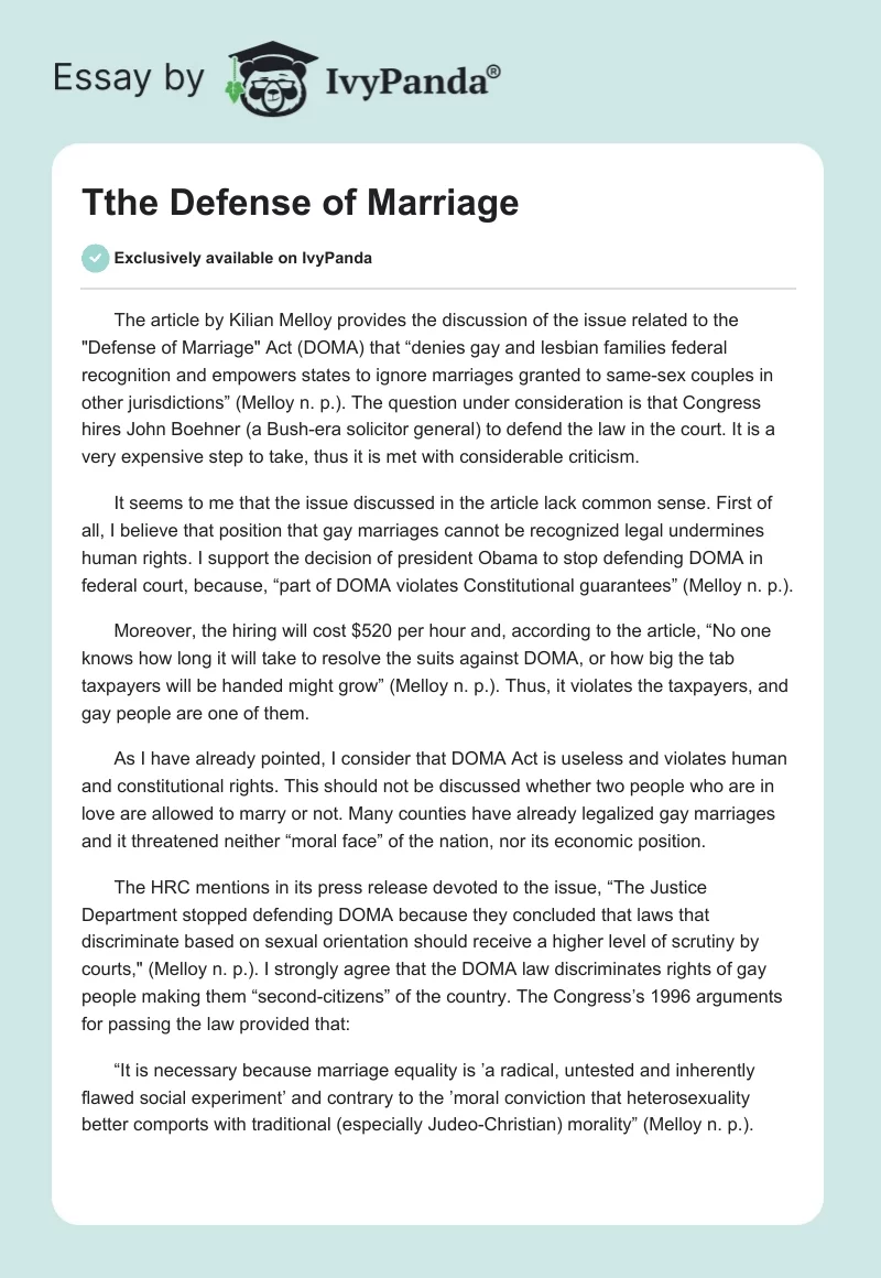Tthe Defense of Marriage. Page 1