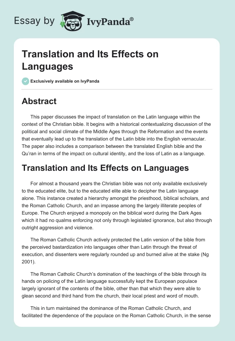 Translation and Its Effects on Languages. Page 1