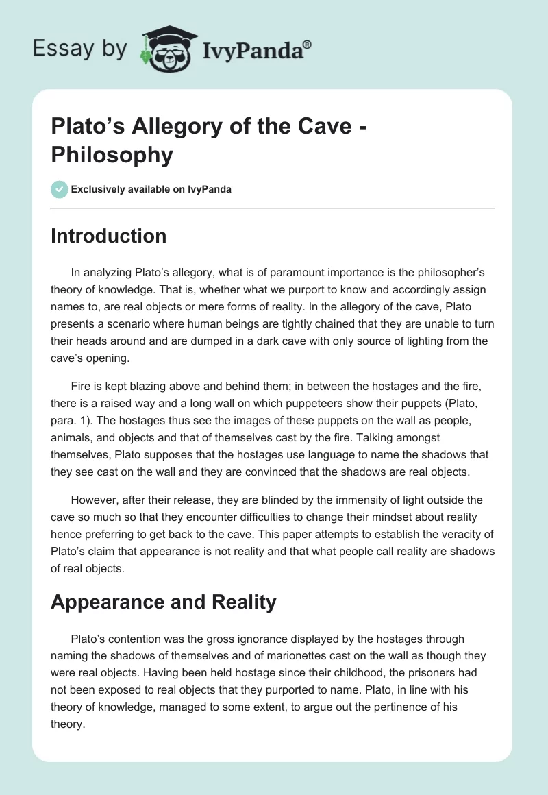 Plato’s Allegory of the Cave - Philosophy. Page 1