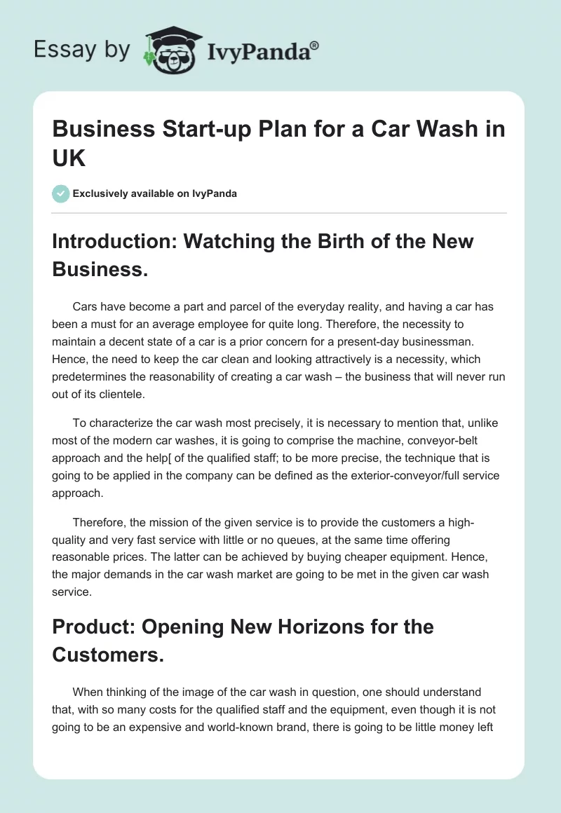 Business Start-Up Plan for a Car Wash in UK. Page 1
