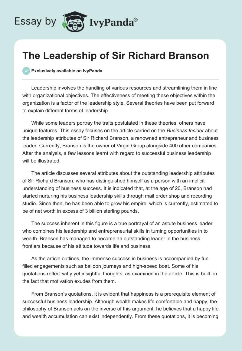 The Leadership of Sir Richard Branson. Page 1