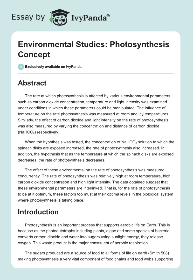 Environmental Studies: Photosynthesis Concept. Page 1