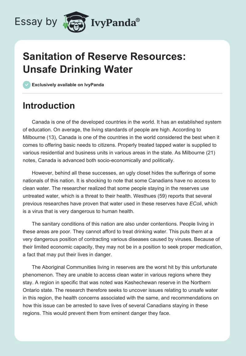 Sanitation of Reserve Resources: Unsafe Drinking Water. Page 1