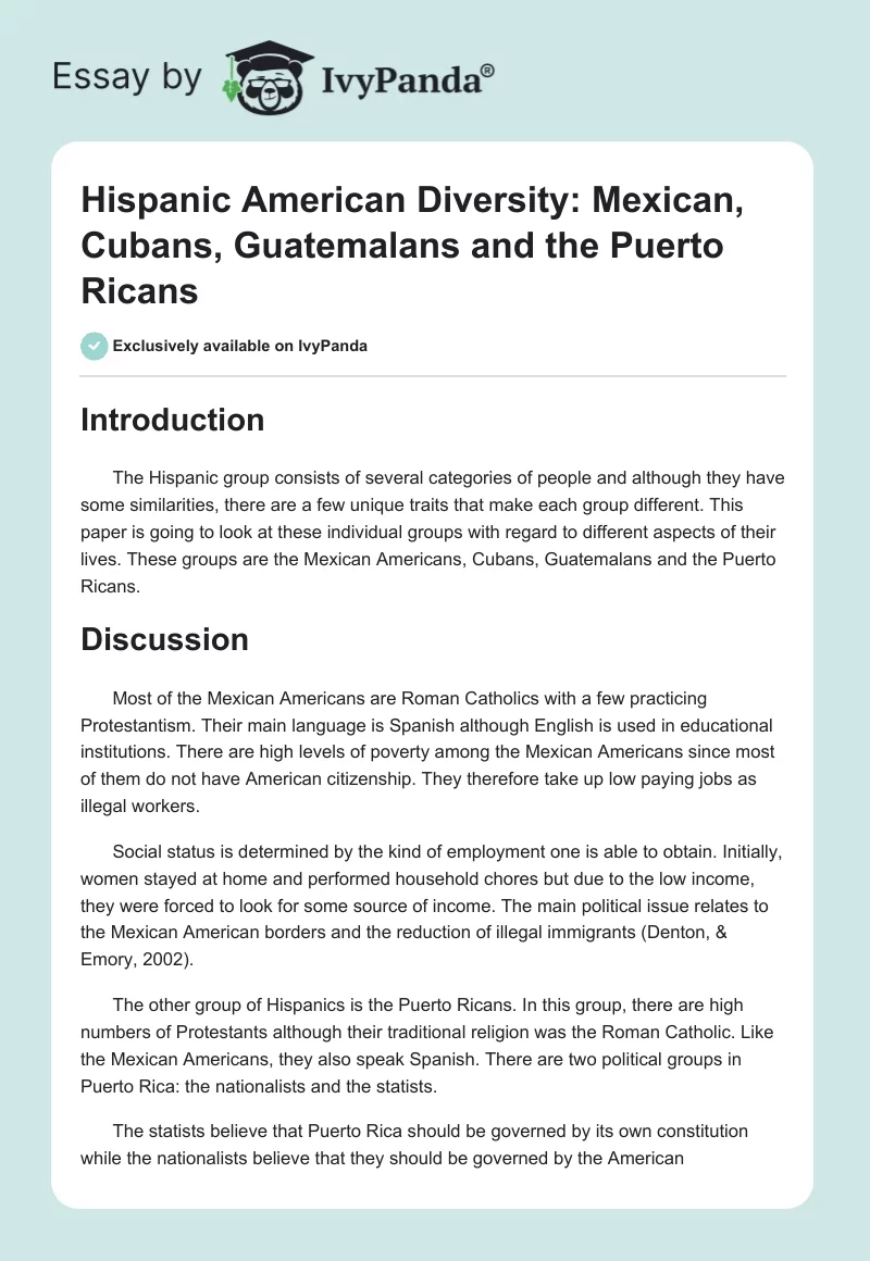 Hispanic American Diversity: Mexican, Cubans, Guatemalans and the Puerto Ricans. Page 1