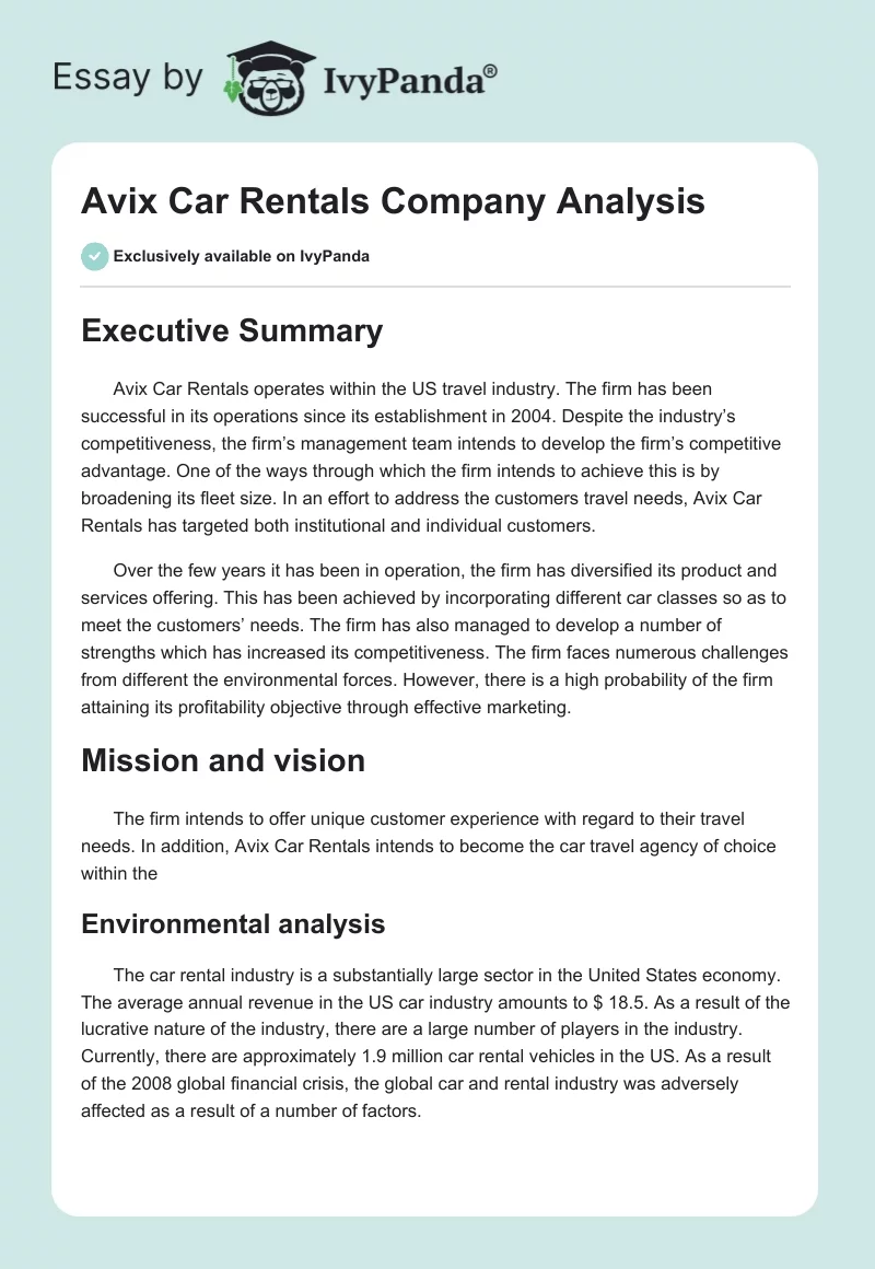 Avix Car Rentals Company Analysis. Page 1