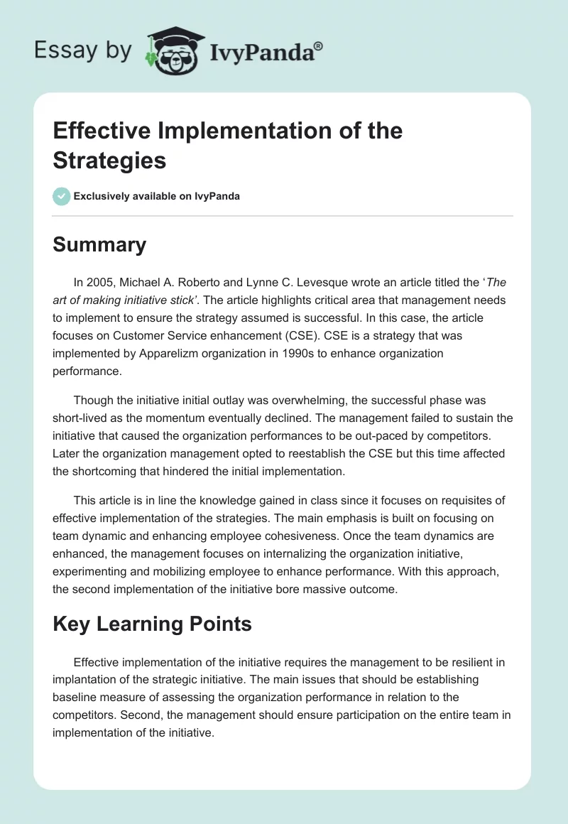 Effective Implementation of the Strategies. Page 1