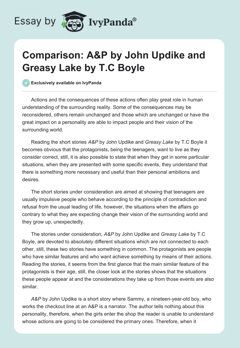 Comparison: "A&P" by John Updike and "Greasy Lake" by T.C Boyle. Page 1