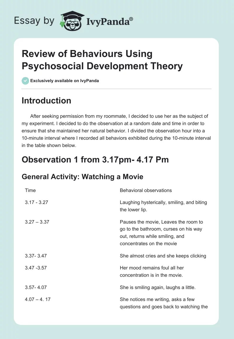 Review of Behaviours Using Psychosocial Development Theory. Page 1