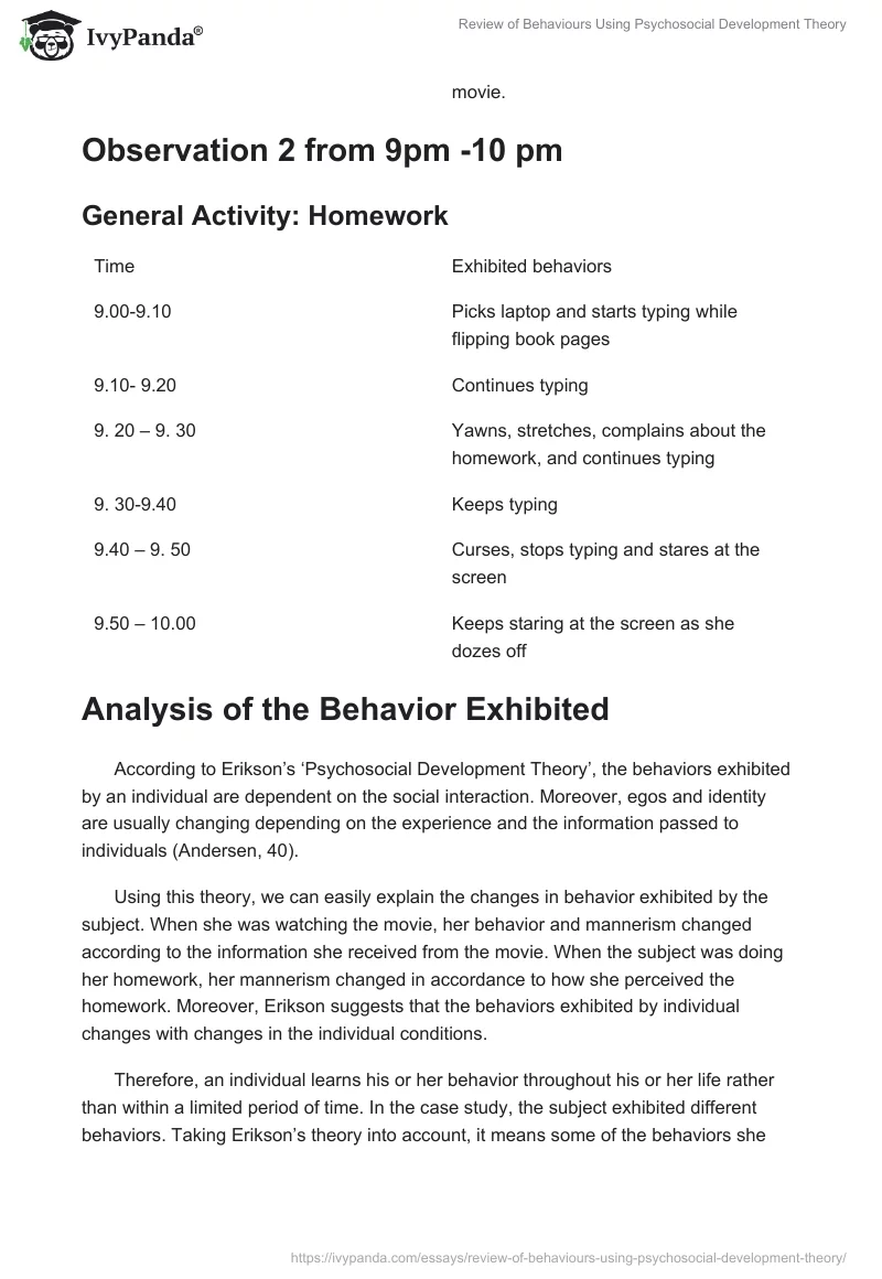 Review of Behaviours Using Psychosocial Development Theory. Page 2