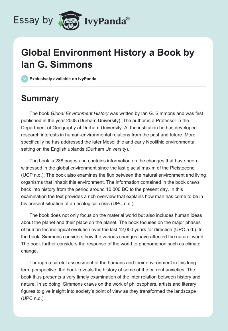 "Global Environment History" a Book by Ian G. Simmons. Page 1
