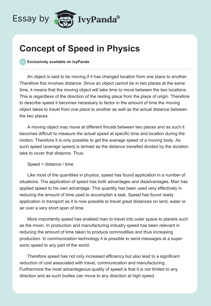 Concept of Speed in Physics. Page 1