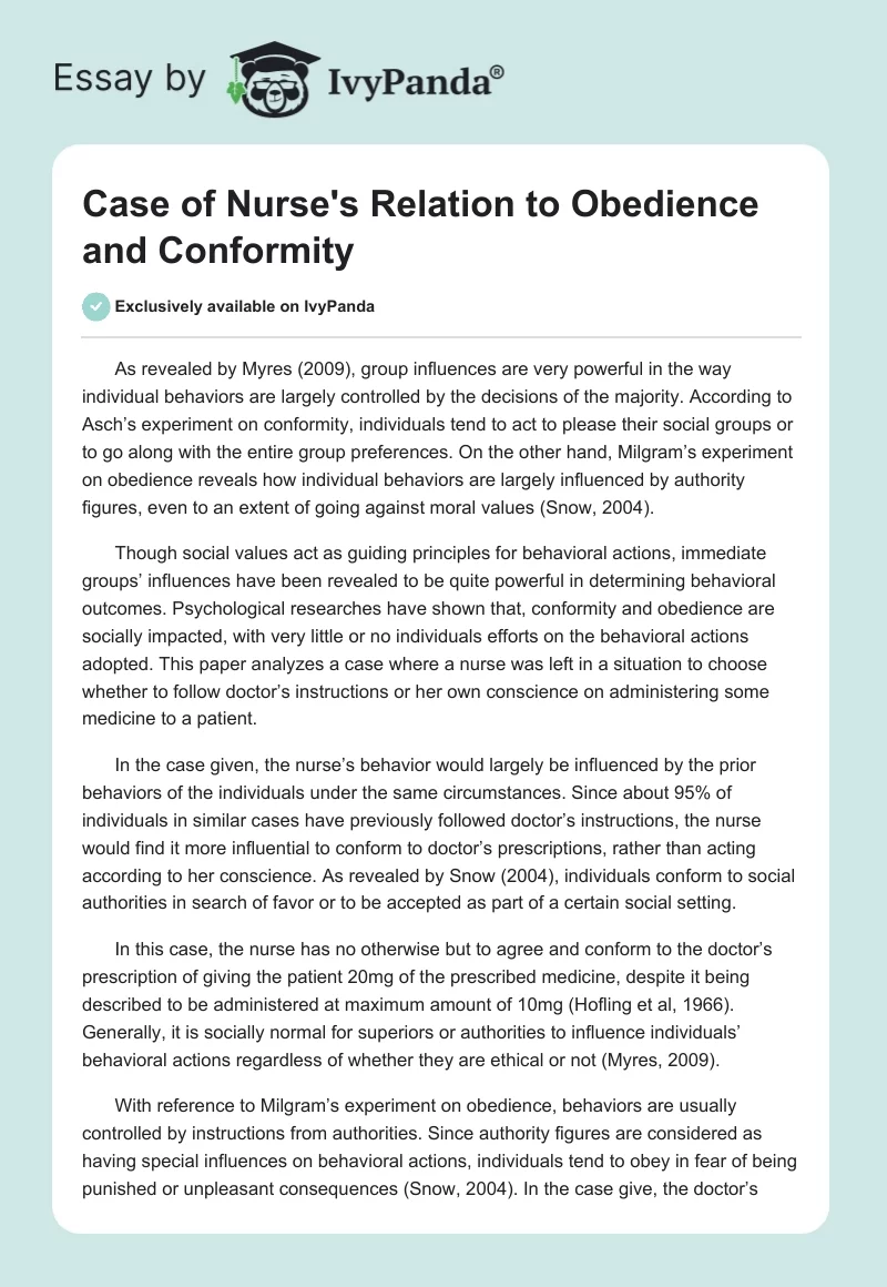 Case of Nurse's Relation to Obedience and Conformity. Page 1