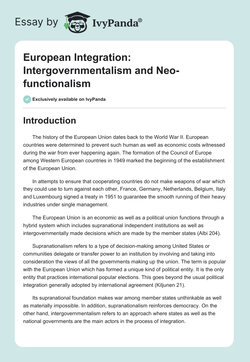 European Integration: Intergovernmentalism and Neo-functionalism. Page 1