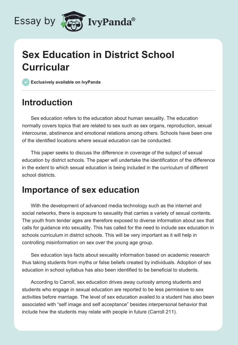 Sex Education in District School Curricular. Page 1