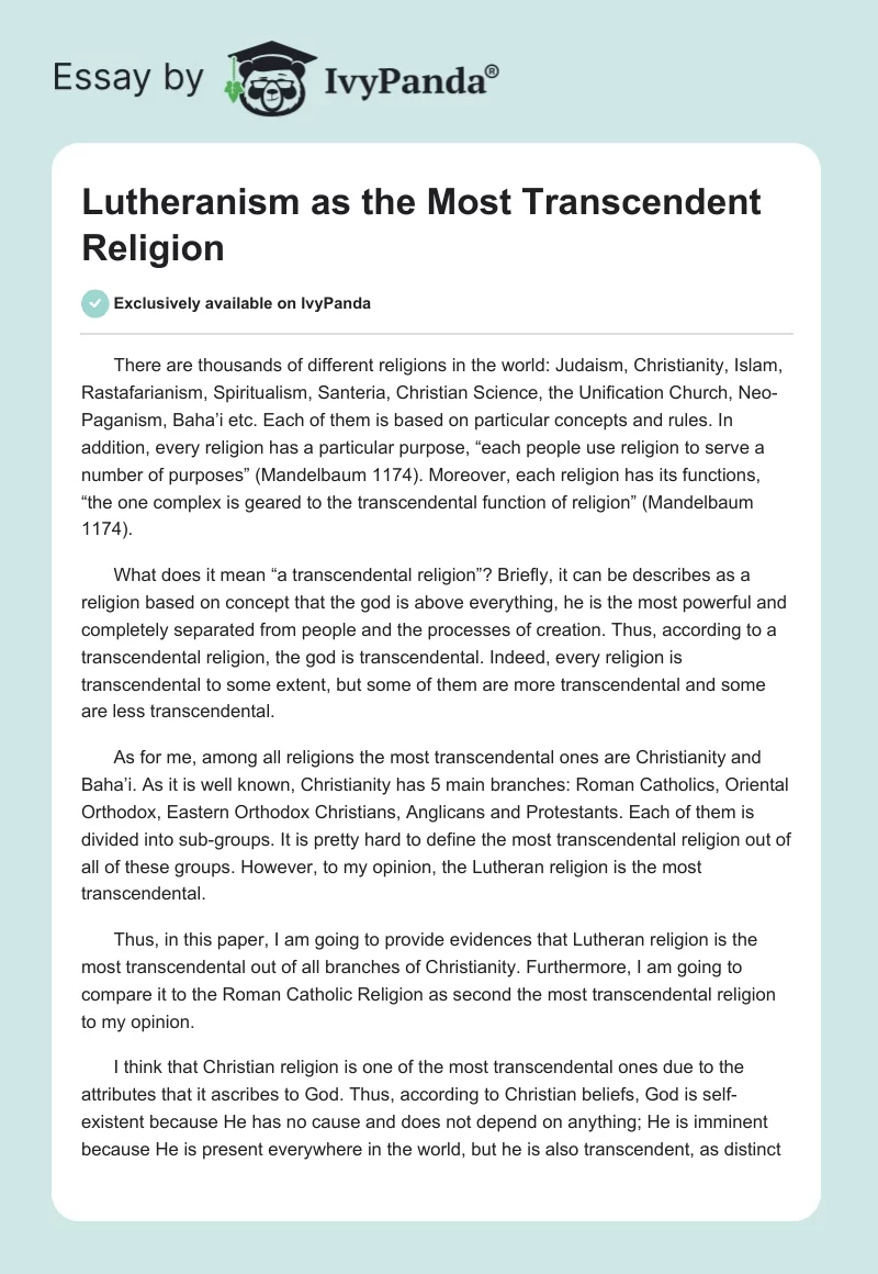 Lutheranism as the Most Transcendent Religion. Page 1