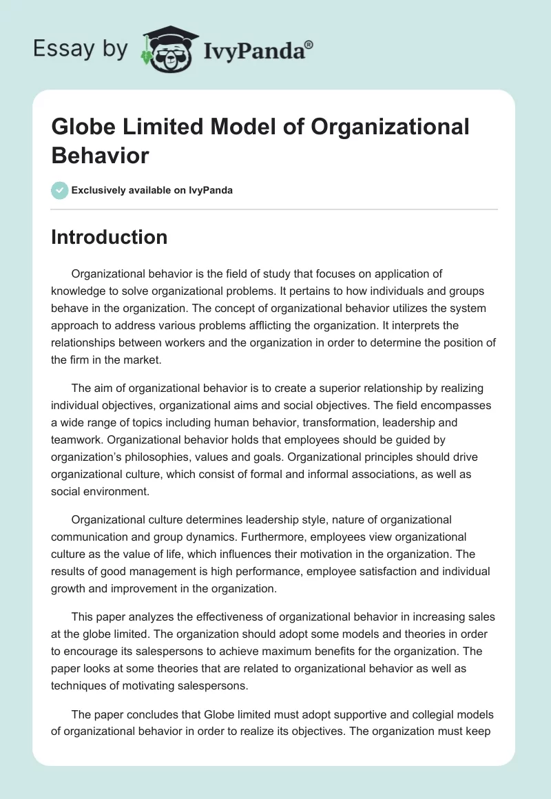 Globe Limited Model of Organizational Behavior. Page 1