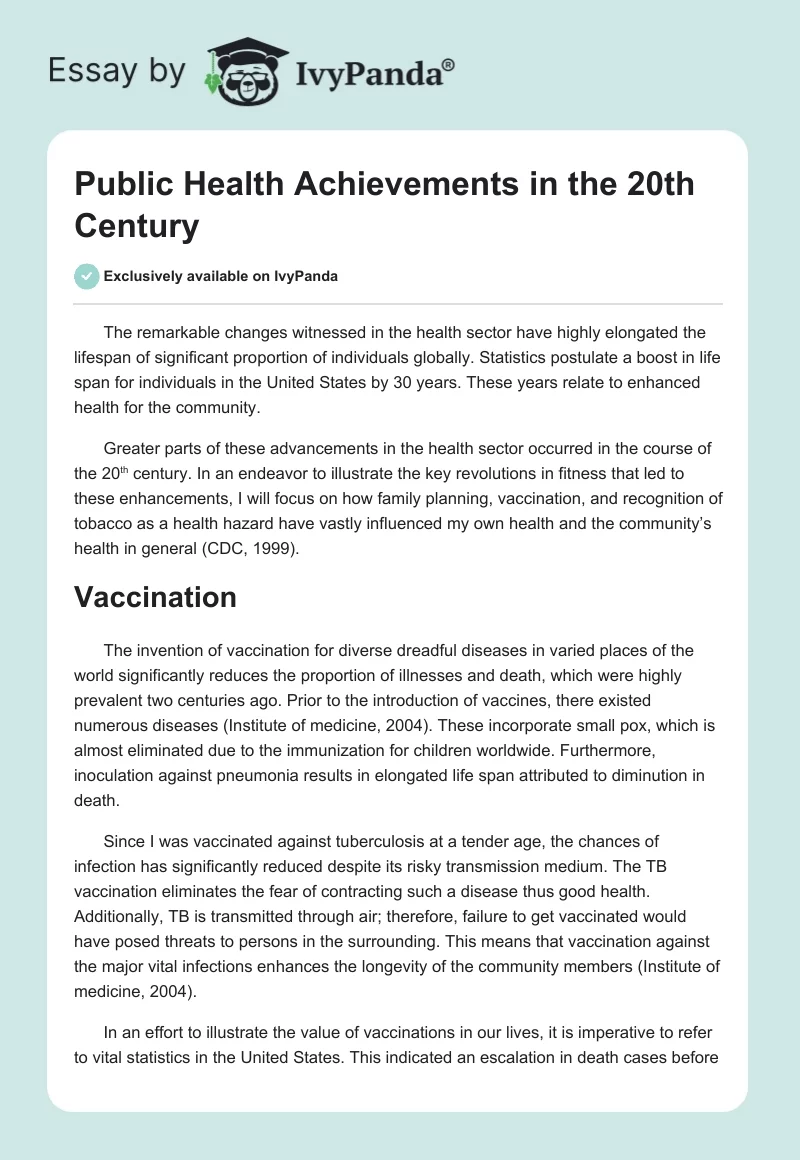 Public Health Achievements in the 20th Century. Page 1