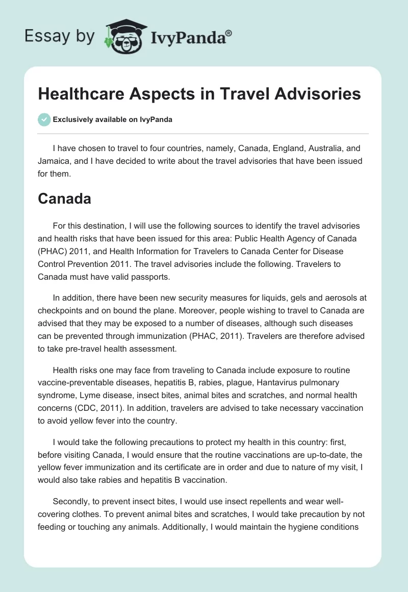 Healthcare Aspects in Travel Advisories. Page 1
