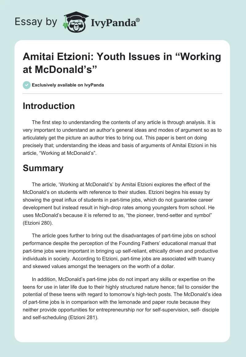 Amitai Etzioni: Youth Issues in “Working at McDonald’s”. Page 1