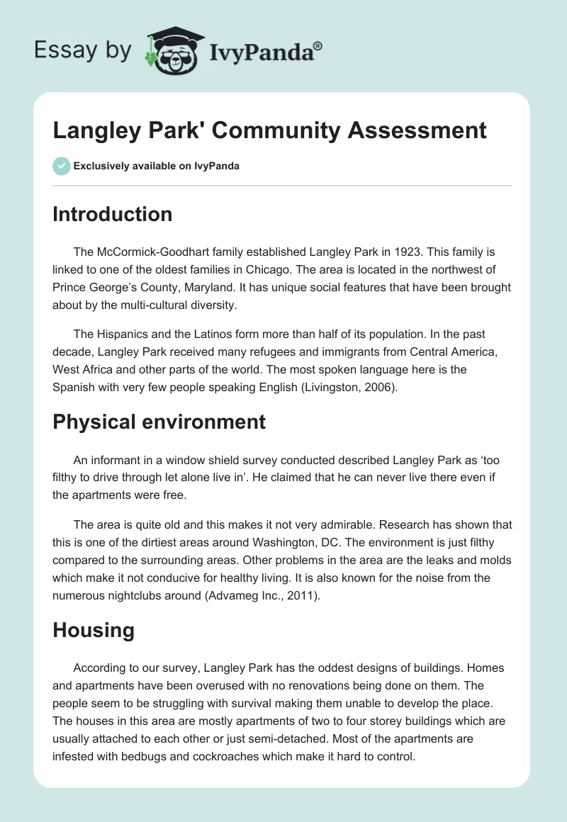 Langley Park' Community Assessment. Page 1
