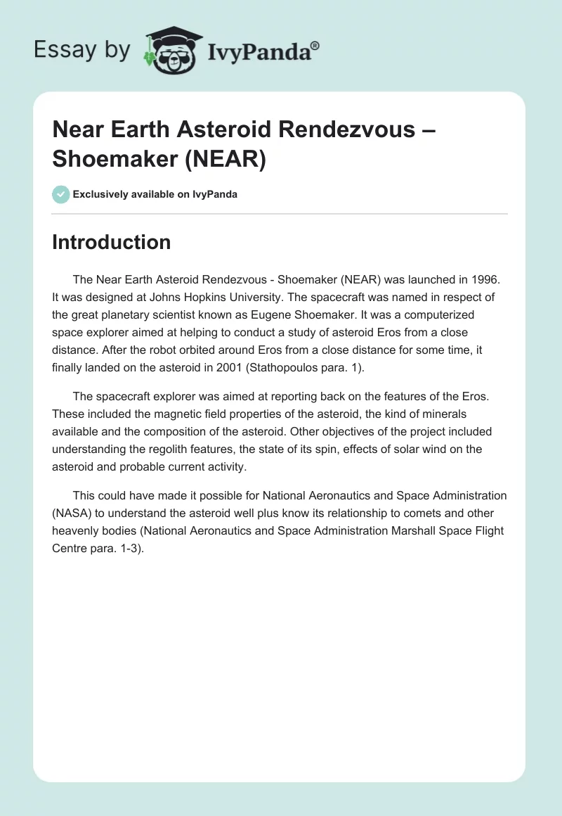 Near Earth Asteroid Rendezvous – Shoemaker (NEAR). Page 1