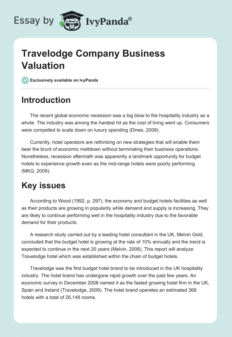 Travelodge Company Business Valuation. Page 1