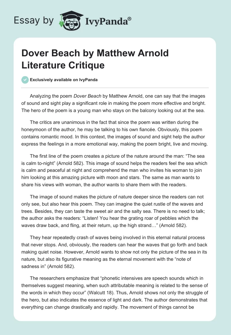 "Dover Beach" by Matthew Arnold Literature Critique. Page 1