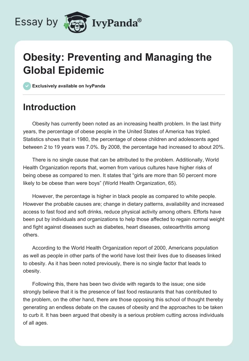 Obesity: Preventing and Managing the Global Epidemic. Page 1