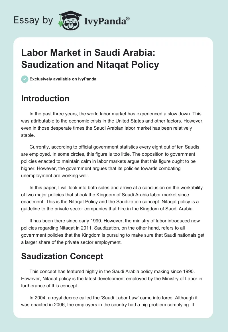 Labor Market in Saudi Arabia: Saudization and Nitaqat Policy. Page 1