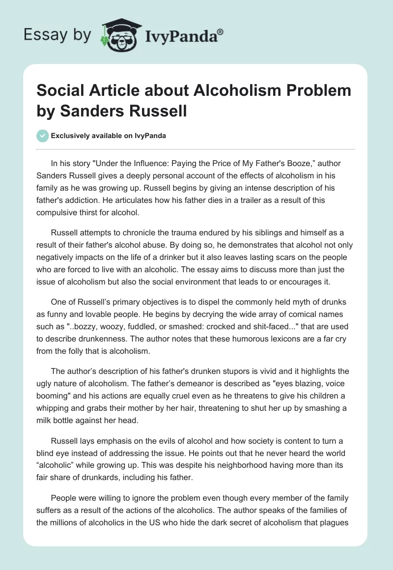Social Article About Alcoholism Problem by Sanders Russell. Page 1