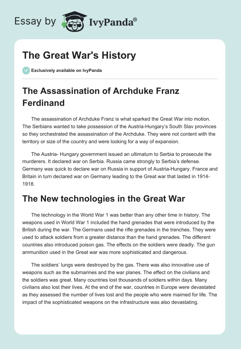 The Great War's History. Page 1