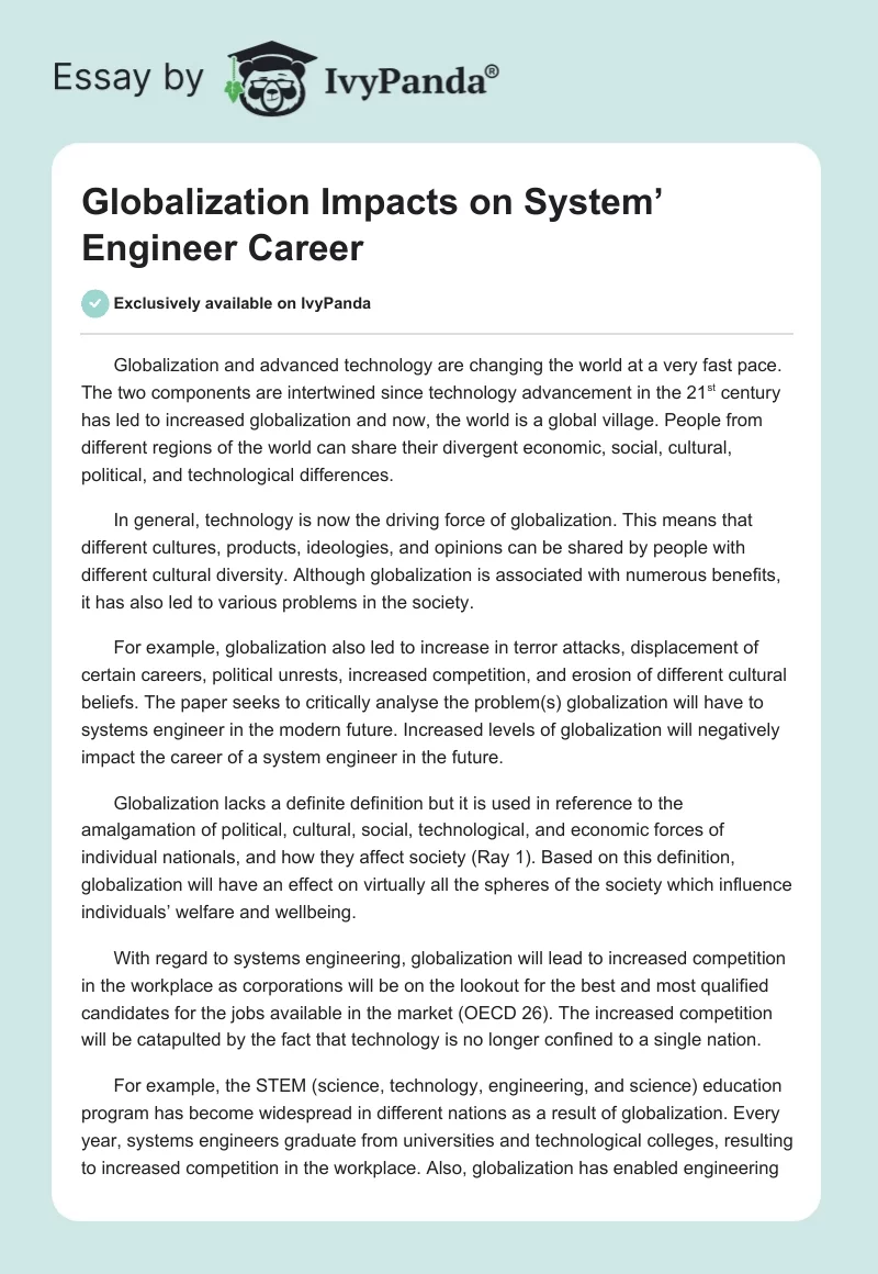 Globalization Impacts on System’ Engineer Career. Page 1